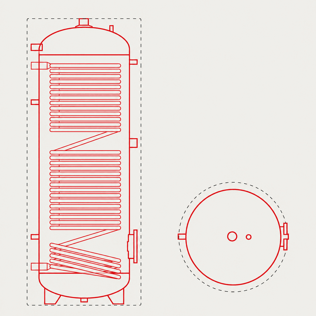 SILO WP1 1000 Querschnitt mit Wärmetauscher-Spirale und Draufsicht
