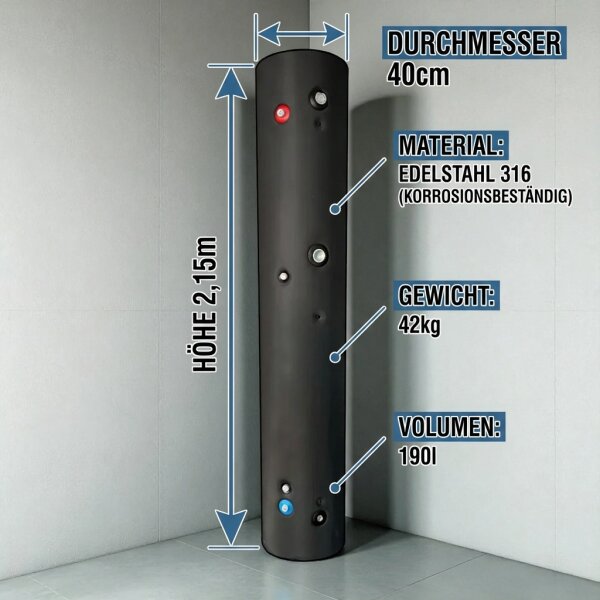 SILO WP1 190 Slim Edelstahl-Warmwasserspeicher für schmale Technikräume