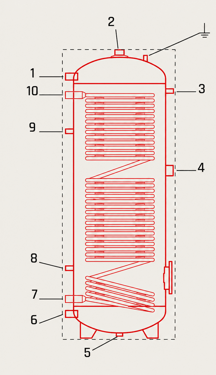 SILO WP1 Anschluss-Schema, Seitenansicht mit nummerierten Anschlüssen 1 bis 10